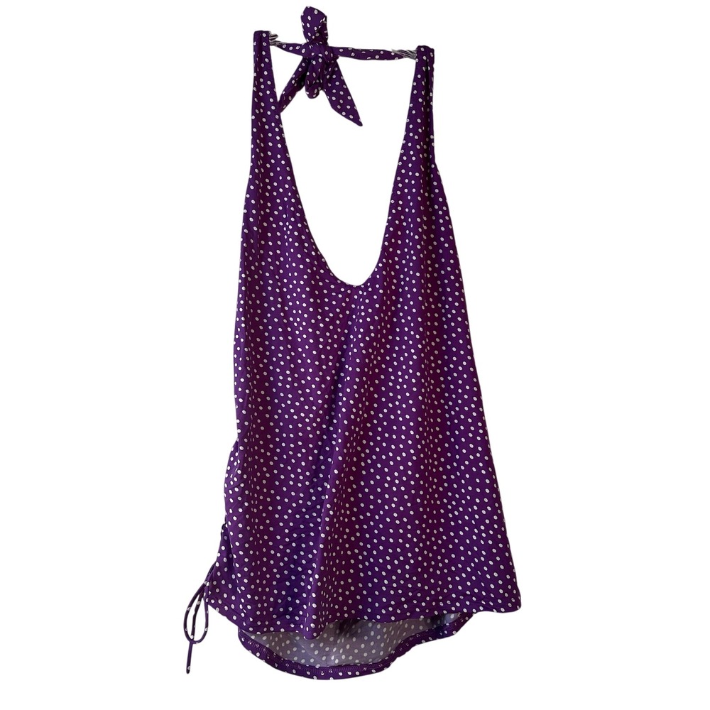 Lands' End Purple Polka Dot Halter Tankini Top Size 14 Ruched Side Tie Swimwear